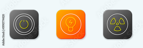 Set line Power button, Light bulb with concept of idea and Radioactive icon. Vector