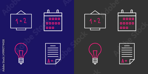 Set line Exam sheet with A plus grade, Light bulb concept of idea, Calendar and Chalkboard icon. Vector