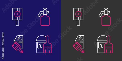 Set line Paint bucket with brush, Car painting, spray gun and Spray can nozzle cap icon. Vector