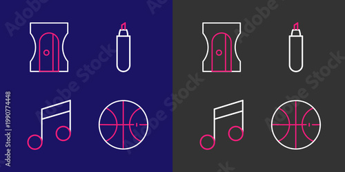 Set line Basketball ball, Music note, tone, Marker pen and Pencil sharpener icon. Vector