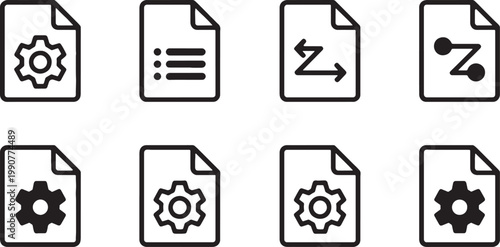 Document file icons containing gears and data symbols represent various system settings, file management tasks, and technical configurations within a digital software interface or business workflow.