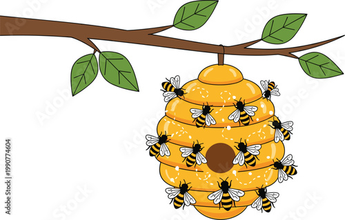 Beehive on Tree Branch with Honey Bees Swarming Around Hive Illustration for Nature Design, Beekeeping Concept, Ecology Education, and Vector Art