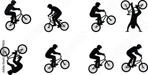 Vector illustration of BMX bike stunt silhouettes showing jumps, flips, wheelies, and freestyle riding tricks