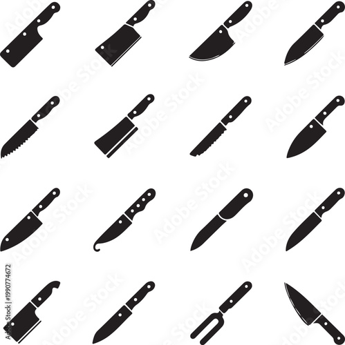 Diverse collection of various kitchen and utility knives in black and white illustration