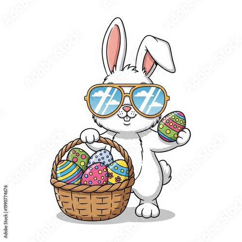 A child in a bunny costume looks at a colorful gift basket filled with chocolates