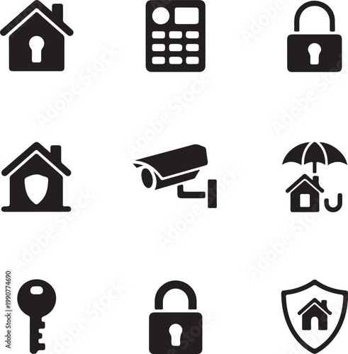 Icons representing home security, insurance, and protection services