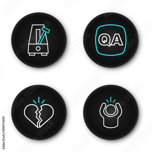 Set line Anger, Broken heart or divorce, Question and Answer and Metronome with pendulum icon. Vector