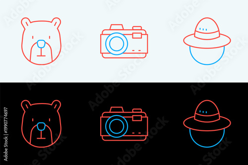 Set line Camping hat, Bear head and Photo camera icon. Vector