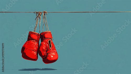 A pair of red boxing gloves hangs from a clothesline in a serene landscape with a blue background