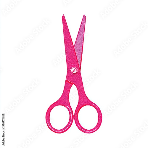 Vibrant pink scissors isolated on white background, blades open. Sharp tool