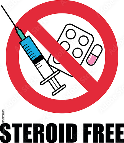 Steroid Free Symbol Showing Prohibited Syringe And Pills
