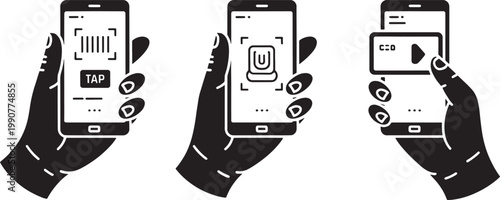 Hand holding a smartphone displays digital scanning and payment interfaces to represent mobile commerce, barcode technology, and secure authentication methods for modern financial transactions.