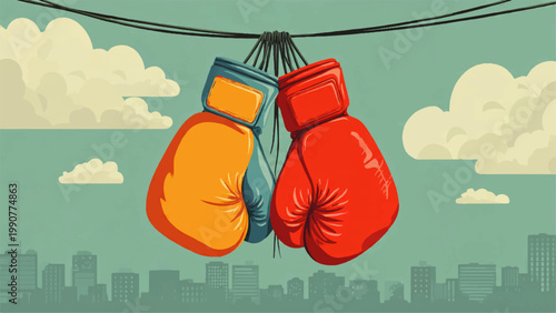 Vibrant illustration of boxing gloves hanging from a wire above cityscape