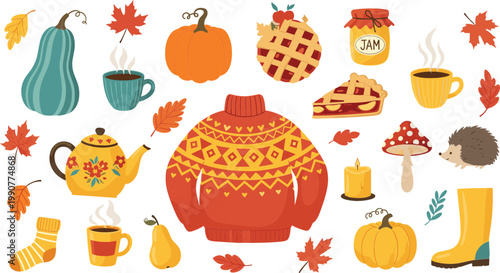 Autumn Cozy Elements Set with Sweater, Pumpkins, Tea, Pie, Leaves, and Seasonal Objects Illustration for Fall Design, Harvest Festival, and Thanksgiving Graphics