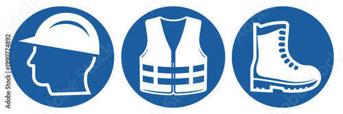 Safety signs must be worn symbols, wear helmet, wear safety shoes, and wear protective vest instruction, industrial protection and workplace safety concept, clean vector illustration