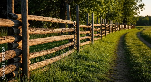 A rustic wooden fence stretches across a green pasture with dirt tracks alongside. The natural log rail fence extends into the distance, bordered by lush grass and trees in a countryside setting.