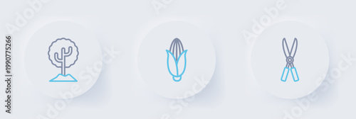 Set line Gardening handmade scissors, Corn and Tree icon. Vector