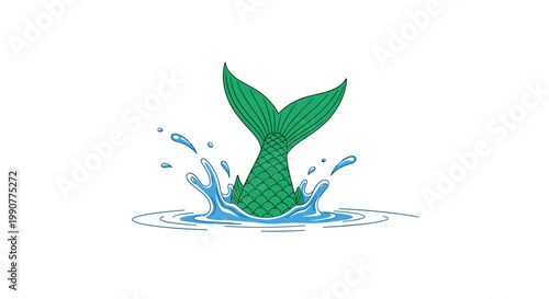 A vibrant green scaly mermaid tail creates a dynamic blue water splash, as it dives gracefully beneath the surface of a calm and pristine white background.