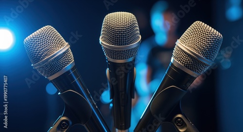 Three professional microphones with metallic mesh heads on stage against dark blue background with bokeh lighting. Perfect for music, podcasting, broadcasting, and recording concepts.