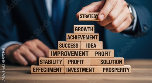 Businessman building wooden block tower with business words like strategy, growth, success. Represents strong foundation for business development, planning, achieving goals. For corporate training.