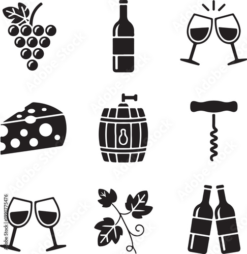 Iconic symbols representing the wine-making and enjoying process