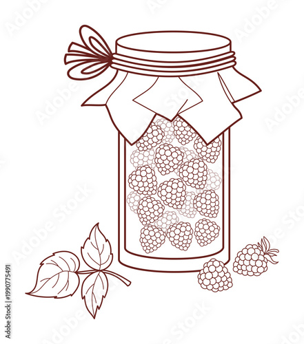 Outline Small Rustic Glass Jar Of Raspberry Jam. Homemade Natural Preserve With Craft Paper Lid, Fresh Berries and Leaf. Summer Fruit Food. Line drawing, coloring page. Vector Illustration.