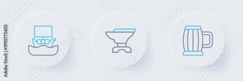 Set line Wooden beer mug, Anvil for blacksmithing and Viking ship Drakkar icon. Vector