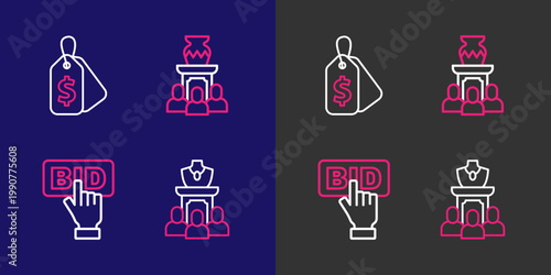 Set line Auction jewelry sale, Bid, ancient vase and Price tag with Sale icon. Vector