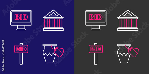 Set line Auction ancient vase, Hand holding auction paddle, Museum building and Online icon. Vector