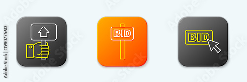 Set line Hand holding auction paddle, and Bid icon. Vector