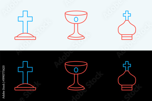 Set line Christian church tower, Grave with cross and chalice icon. Vector