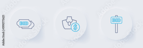 Set line Hand holding auction paddle, Auction jewelry sale and Bid icon. Vector