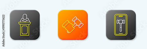 Set line Auction auctioneer sells, hammer and Online icon. Vector