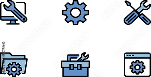 Set of six technology repair and maintenance icons on transparent background