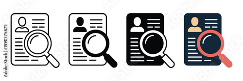Resume screening icons with magnifying glass for recruitment