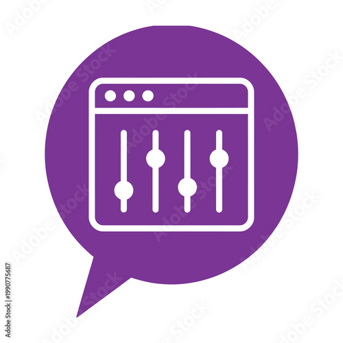 Purple speech bubble with white audio equalizer icon