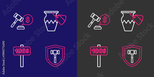 Set line Auction hammer, Hand holding auction paddle, ancient vase and price icon. Vector