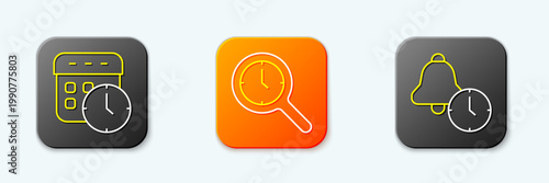 Set line Calendar and clock, Magnifying glass with and Alarm icon. Vector