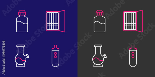Set line Electronic cigarette, Bong, Cigarette case and Vape liquid bottle icon. Vector