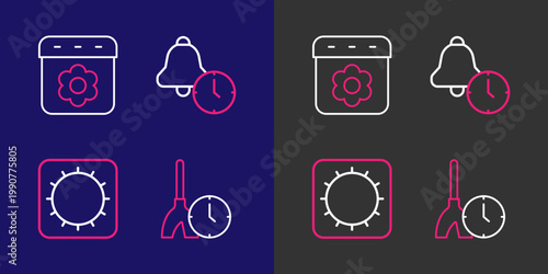 Set line Cleaning time, Sun, Alarm clock and Calendar spring icon. Vector