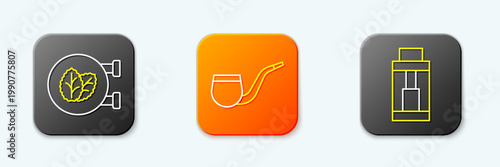 Set line Tobacco leaf shop, No pipe smoking and Vape mod device icon. Vector
