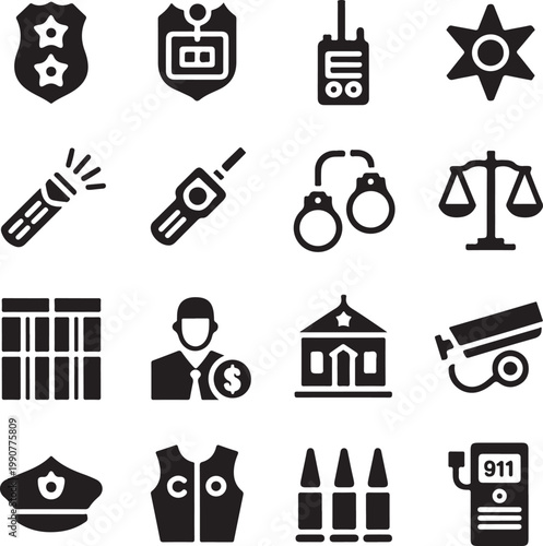 Collection of icons representing law enforcement and judicial symbols