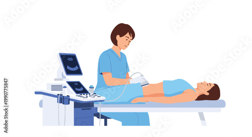 A professional female sonographer in blue medical scrubs performs a detailed abdominal ultrasound examination on a patient resting on a clinical table.