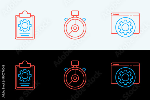 Set line Browser setting, Checklist with 24 hours service and Stopwatch icon. Vector