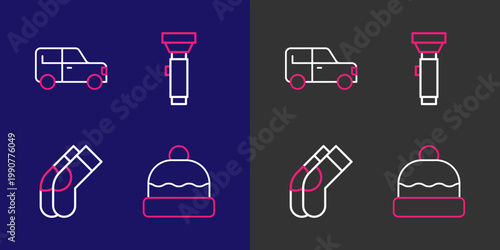 Set line Beanie hat, Socks, Flashlight and Car icon. Vector
