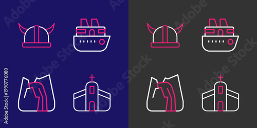 Set line Church building, Waterfall, Cruise ship and Viking horned helmet icon. Vector
