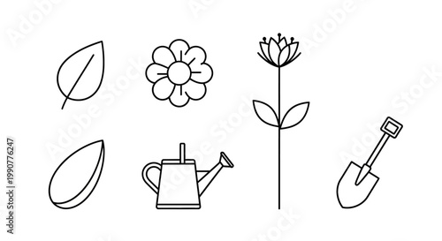 Gardening tools and flower icons.