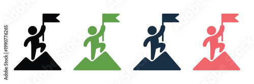 Business achievement icon of person with flag on mountain peak