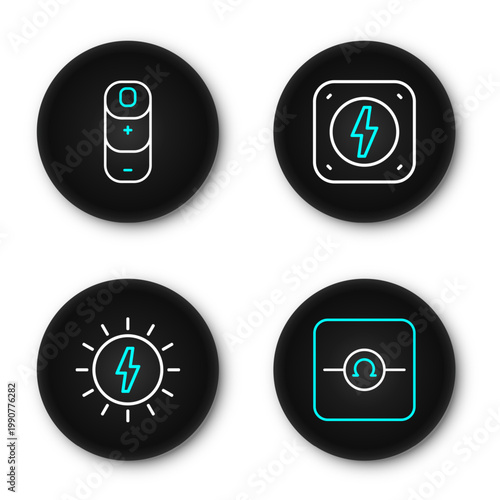 Set line Ohmmeter, Solar energy panel, Lightning bolt and Battery charge icon. Vector