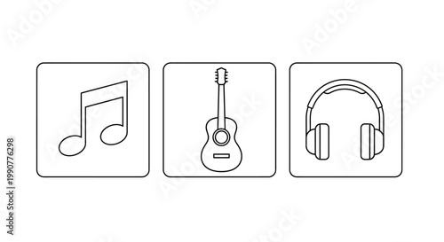 Music note guitar headphones icons.